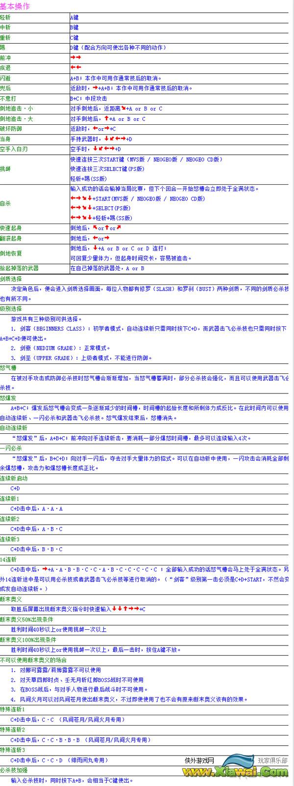 侍魂4出招表键盘