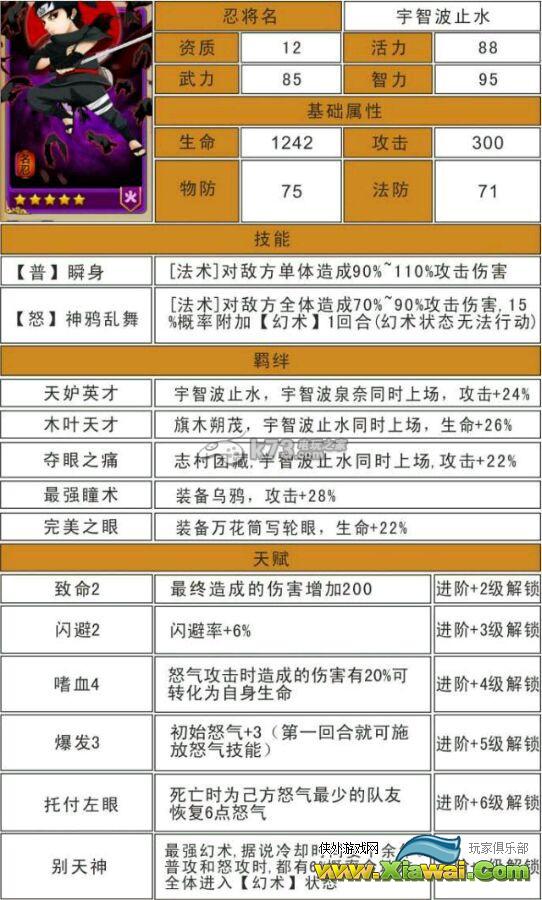 忍者百分百紫卡宇智波止水技能羁绊及玩法介绍